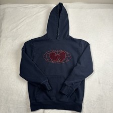 VTG Wu-Wear Wu-Tang Clan Bat Print Globe Blue Pullover Corduroy Hoodie Men's Sma