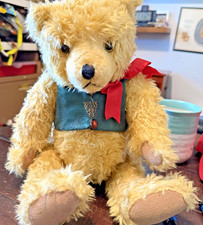 German Mohair Jointed 16" Teddy Bear w/Green Silk Vest Amber Pendant Red Bow