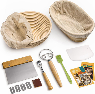 Bread Banneton Proofing Basket Set, 9 Inch round & 10 Inch Oval Cane Sourdough B
