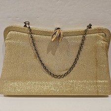 VTG- 50s 60s Gold Glam Minimalist Leaf Clasp Mod Clutch Purse Chain Handle