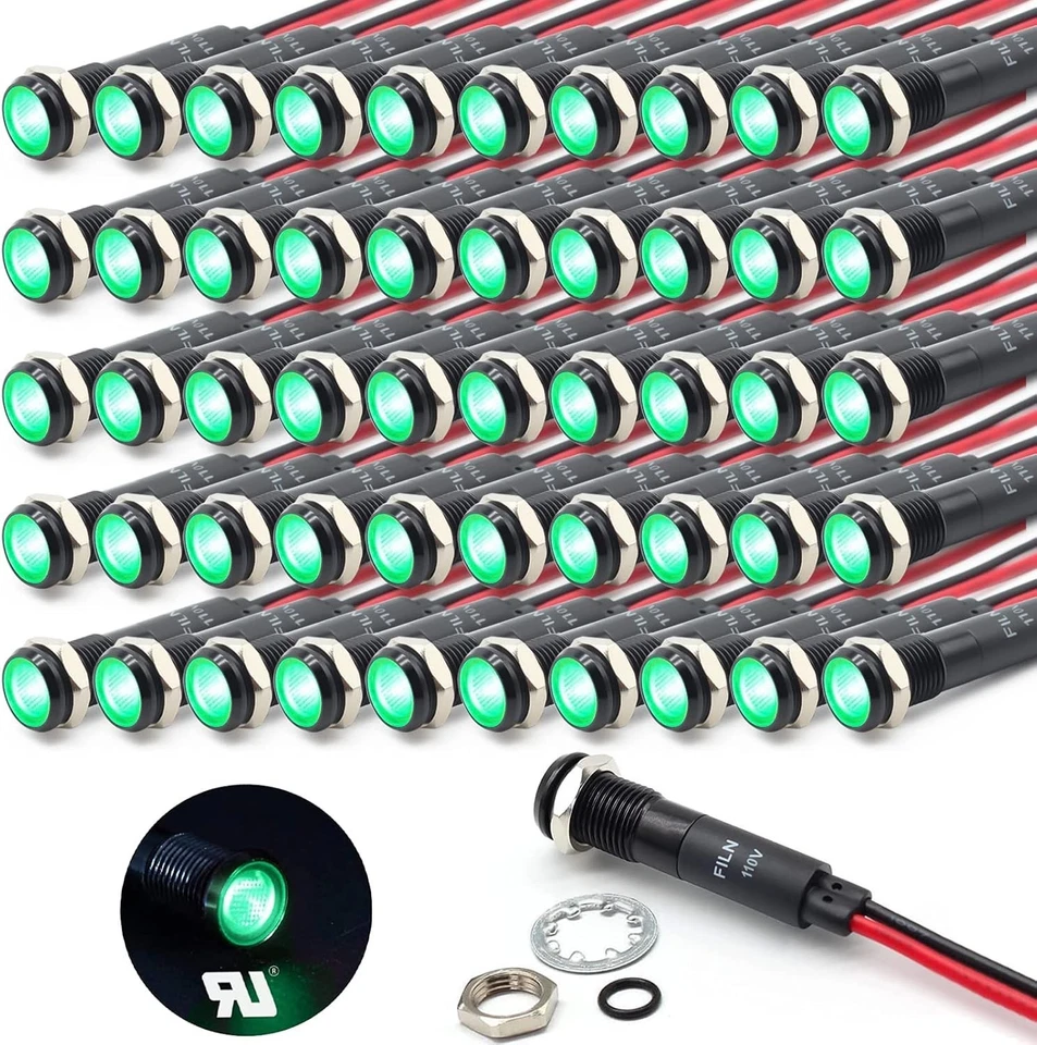 50 Piezas Lámpara Indicadora 8MM Lámpara Piloto Metal 110v Verde Foto 3 de 4