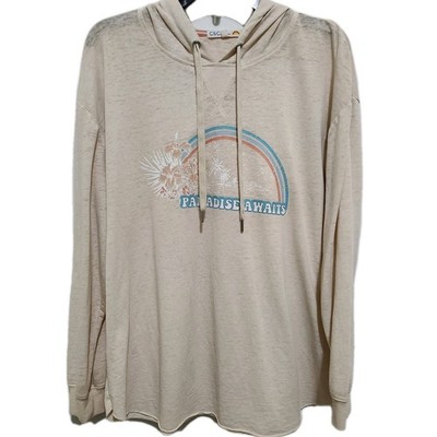 C&C California Womens L Ivory Paradise Awaits Hooded Longsleeve Tee Raw Hem