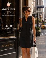 Tahari Dress Women's Size 6  Black Button Front Sleeveless Linen Blend Dress