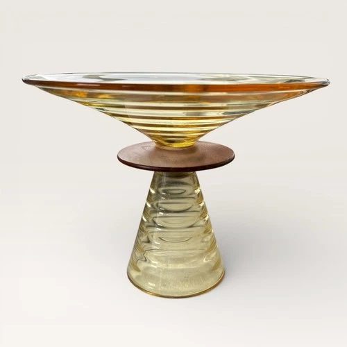 Vintage DUNCAN & MILLER Amber Depression Glass Tiered Platter 7.5” Tall Wood