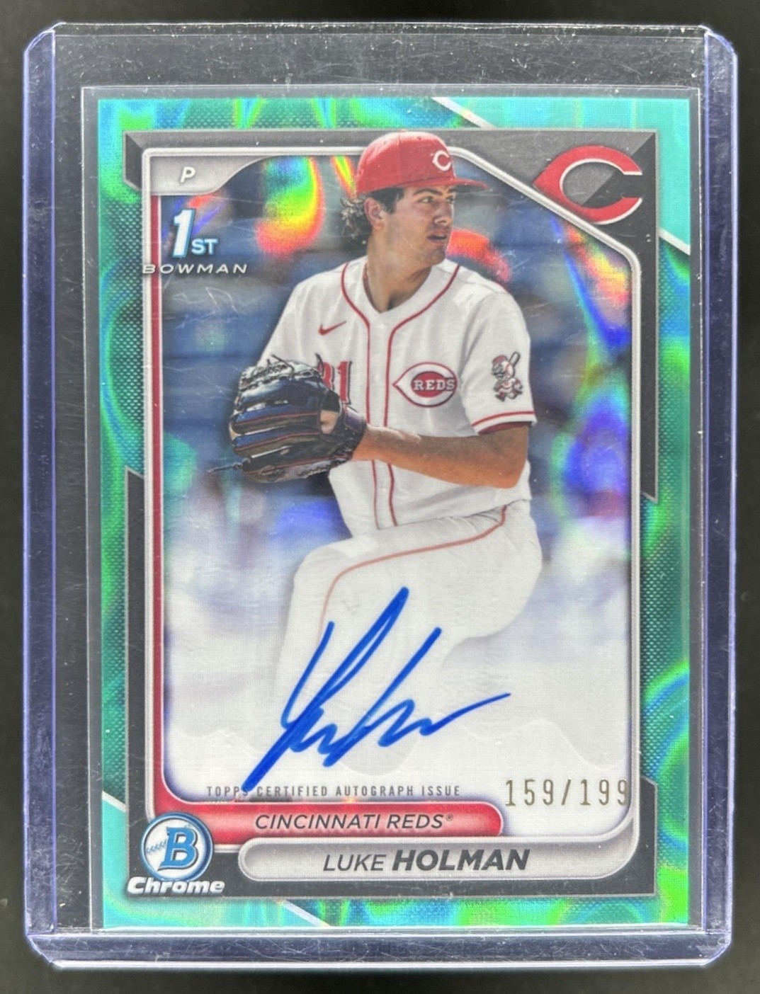 2024 Bowman Draft Luke Holman Chrome Auto Aqua Lava Refractor 1st #/199 Reds