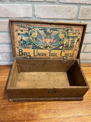 Antique 1890s Boys Union Tool Chest Wood Box Toy Dovetailed USA Patriotic Eagle