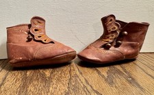 Antique Victorian Baby Childs Doll Chocolate Leather Button Up Booties Shoes