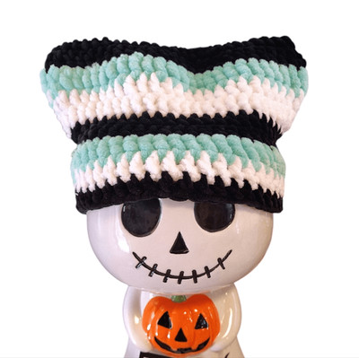 Handmade Green Striped Kawaii Cat Ear Crochet Beanie Hat NWOT Black White