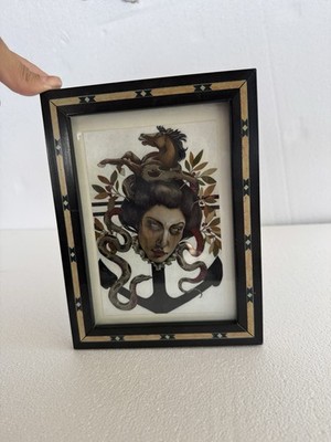 Framed Traditional Tattoo Flash Art with Anchor, Horse, and Snake Motifs