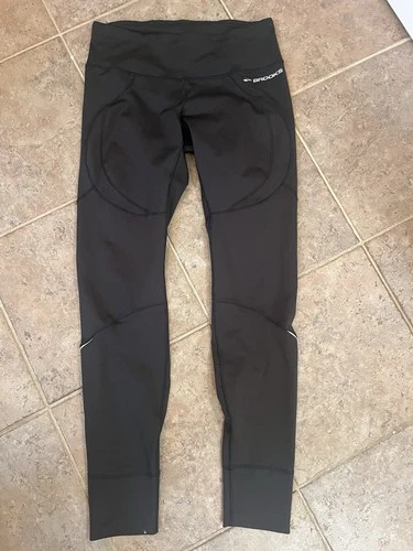 Brooks M* Reflective Running Tights Black Athletic Drawstring Waist Zip Pocket