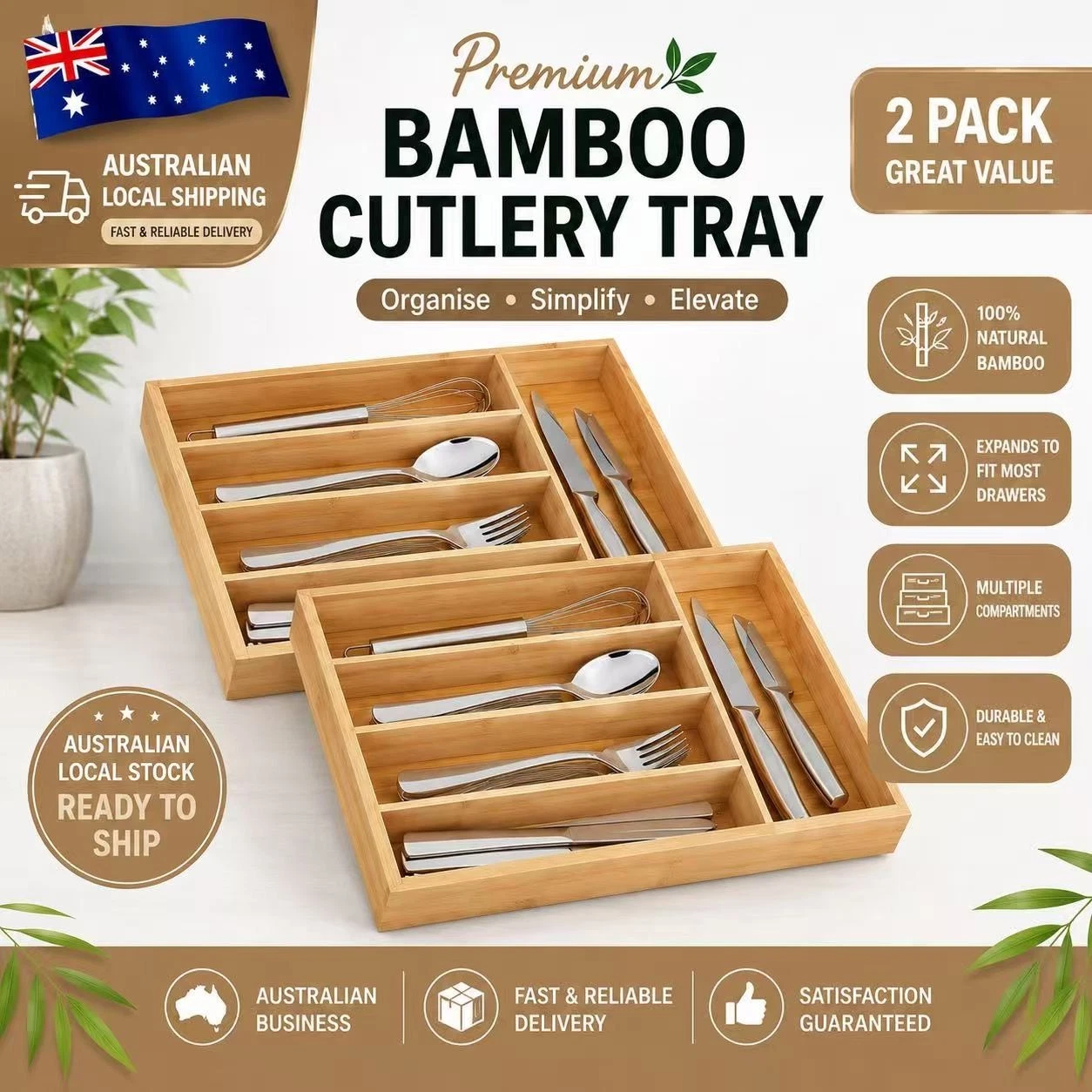 2x Bamboo Cutlery Tray Utensil Drawer Organizer Storage Divider Holder Insert AU