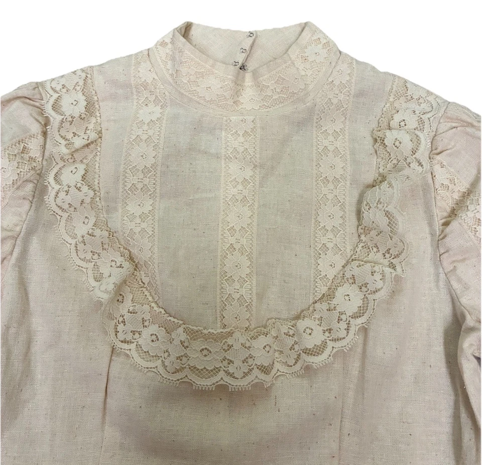 复古 70 年代长裙 XS/S 奶油亚麻混纺手工草原温和波西米亚长裙蕾丝 — 第 4/4 张图片