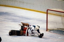 Winter Olympics USA goalie Jim Craig in action save vs USSR during- Old Photo