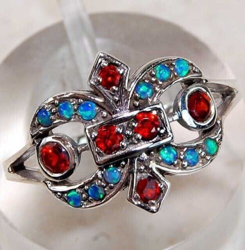 3CT Fire Garnet & Opal 925 Solid Genuine Sterling Silver Ring Jewelry Sz 7 FB-3