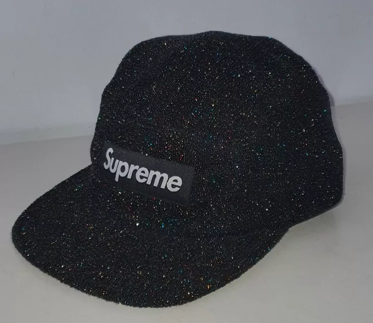 Casquette de camp SS19 Supreme Glitter Terry noire logo boîte à chapeau