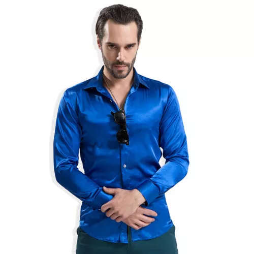 Modisches glänzendes seidiges Satin Hemd Luxus Seide wie Herren Freizeithemden - Bild 4 von 33