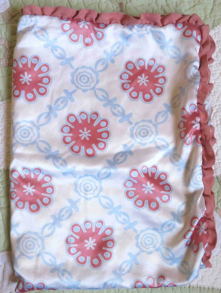 Cocalo Satin w Pink Blue Flowers Ruffled Edge White Fluffy Baby Girl Blanket EUC - Image 2 of 4