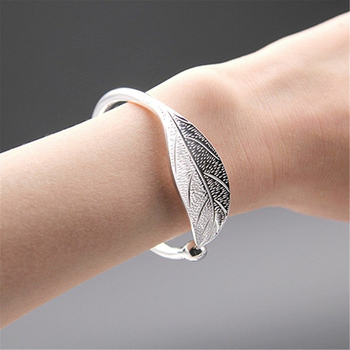 925 Sterling Silver Charm Leaf Bracelet Bangle Cuff One Size Fit