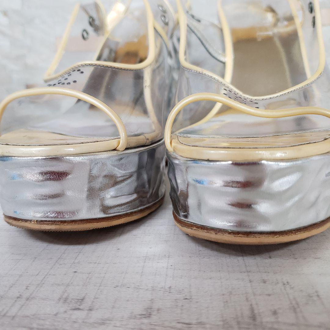 CHANEL CC Logo Silver Slingback Wedge Sole Sandals EUR36.5