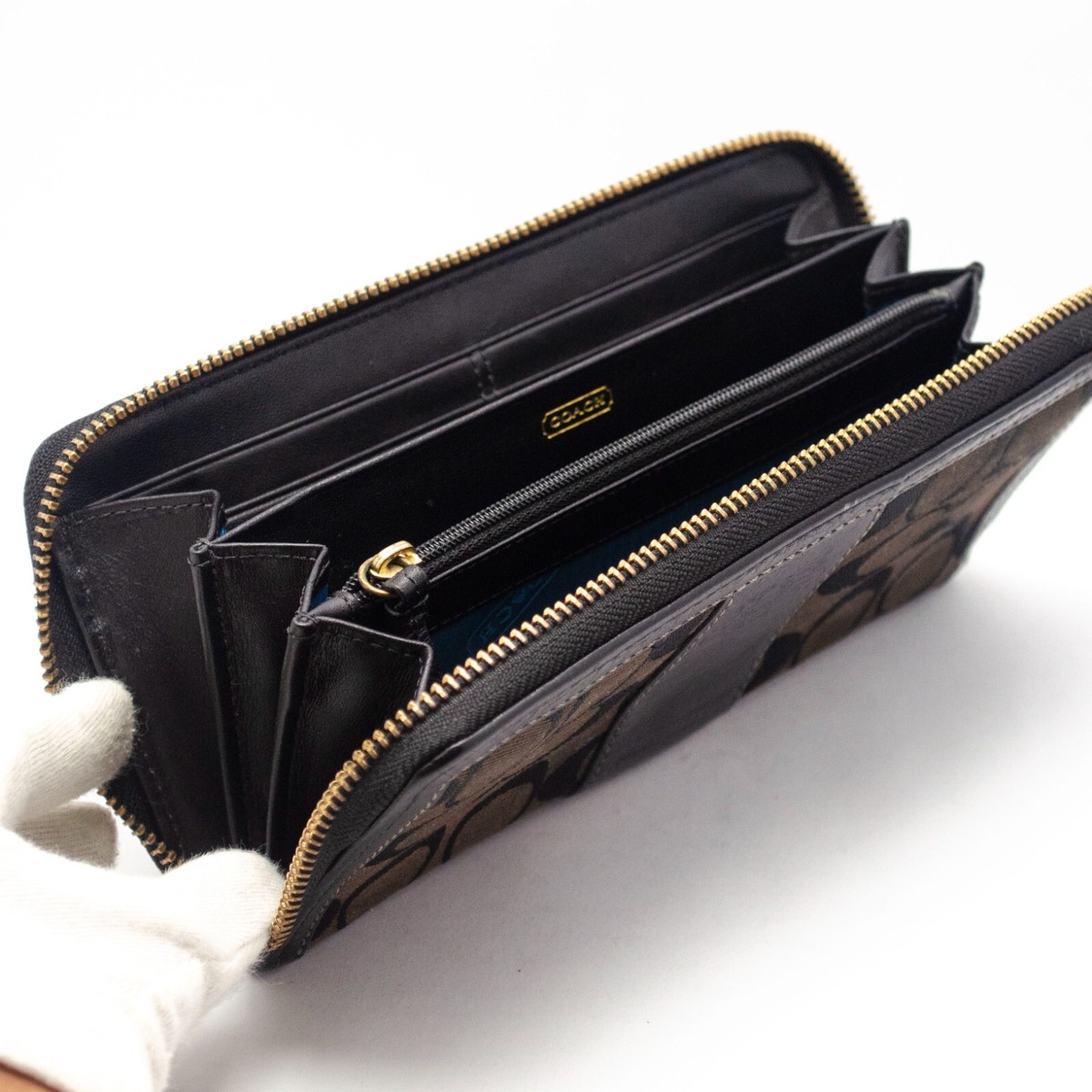 Coach Black Canvas Signature Leather Zip Round Long Wallet Women's