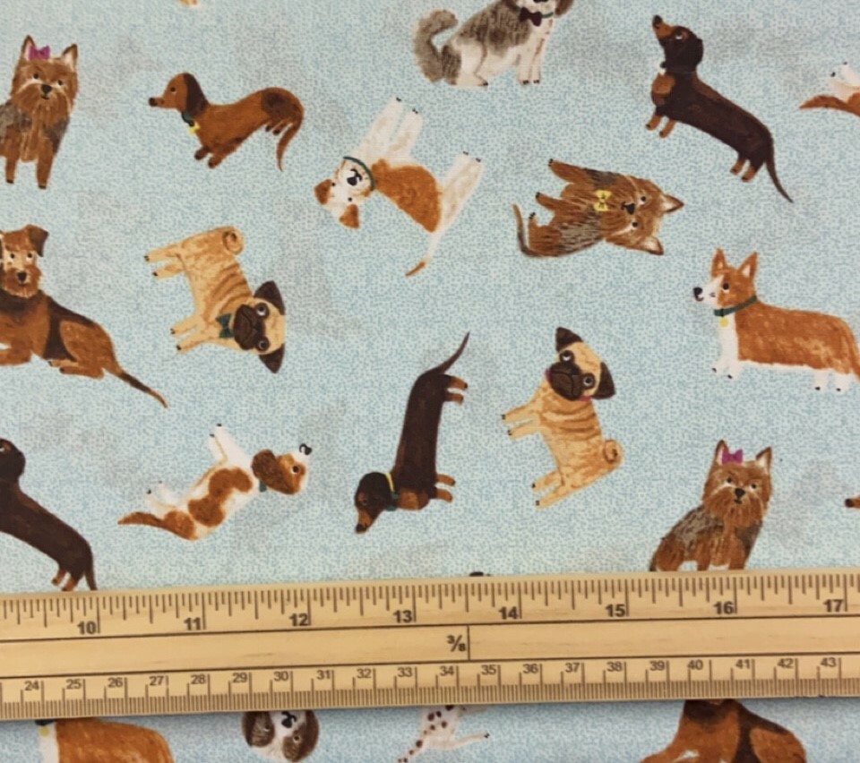 Fat Quarter Uptown Dogs Allover On Teal Pug, Corgi, Dalmatian 100% Cotton Fabric