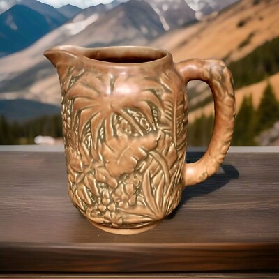 Vintage Weller Marvo Palm Tree Pitcher in Tan/Olive 8'' tall, 1920's Art Pottery