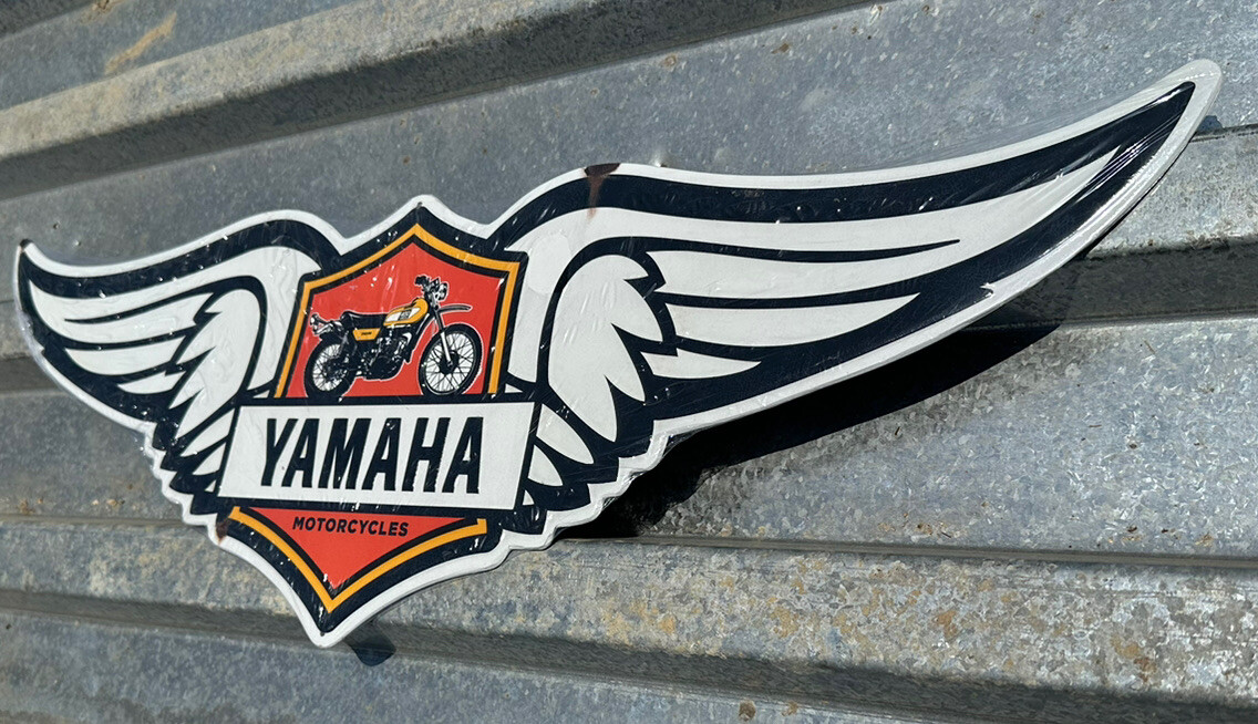 RARE! VINTAGE Rustic Style Yamaha Motorcycles 30" Metal Sign Embossed w/ Wings