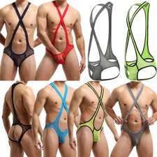 Mens Mesh Backless Jockstrap Bodysuit Sheer Suspender Wrestling Singlet Leotard