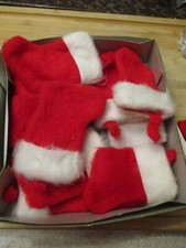 BOX OF VINTAGE FUZZY CHRISTMAS SOCKS ORNAMENTS 14 TOTAL RED WHITE TRIM