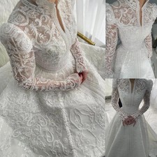 Luxury Pearl Wedding Dress with Beaded High Neck Long Sleeved A-line Bridal Gown