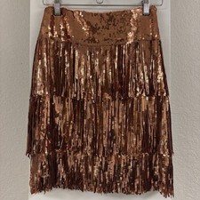Anthropologie Maeve Sequin Fringe Rose Gold Mini Skirt Size 2 Side Zip