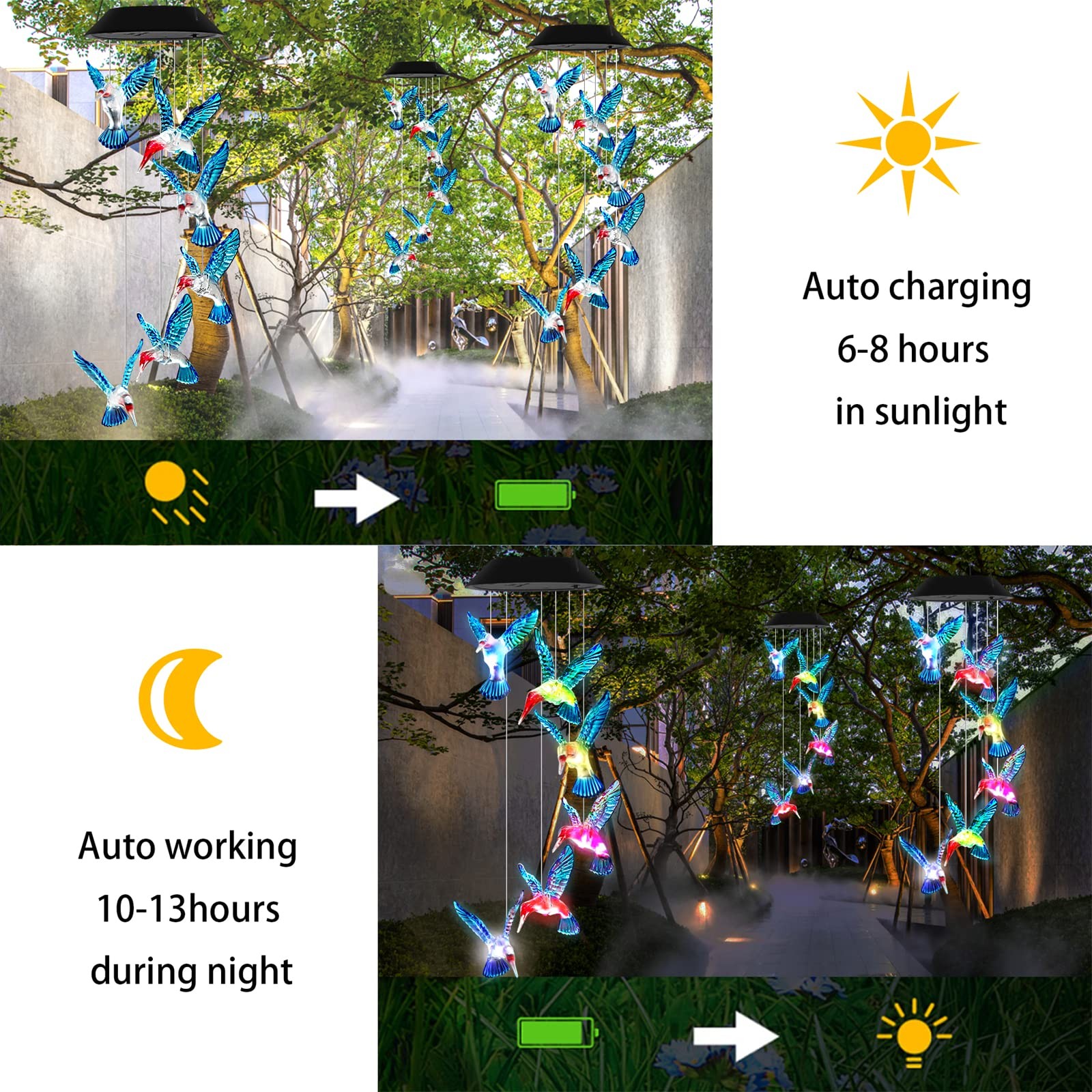 Hummingbird Wind Chime Lights Outdoor Garden Solar Wind Chimes Color Changing Hu