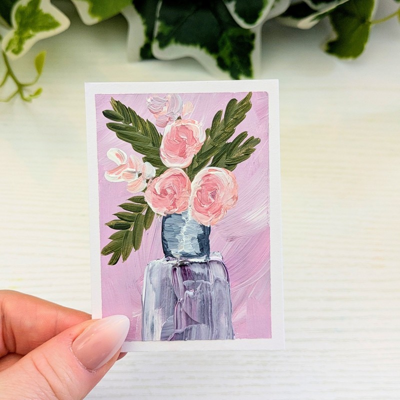 ACEO Original, Flowers Floral Impressionism Pink Bouquet 2.5X3.5 SaraAlexisArt