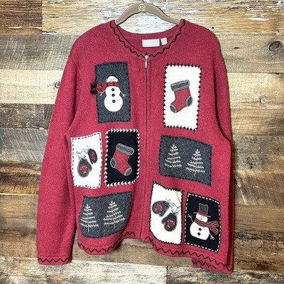 Croft&Barrow Red Holiday Sweater Size Large Appliqué Snowman Stocking Snowflake