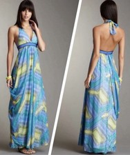  398 BCBG Maxazria 4 Silk Metallic Glitter Halter Neck Maxi Grecian Dress Gown
