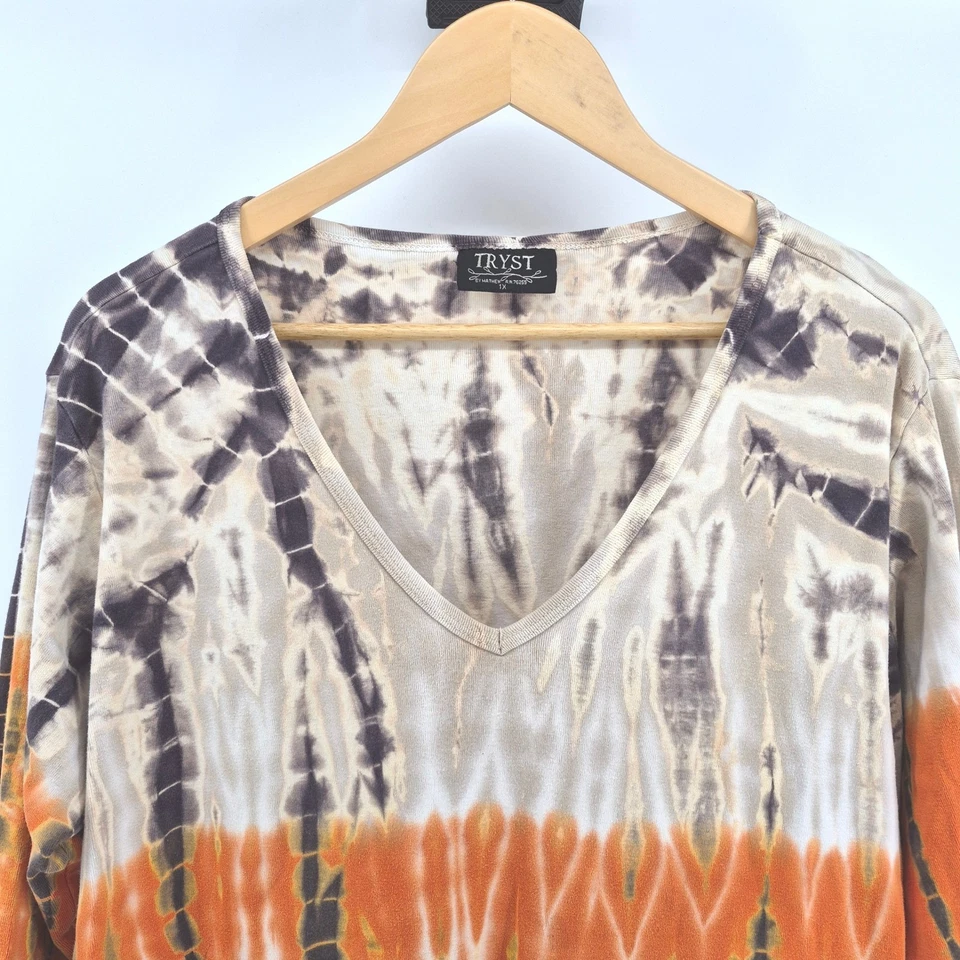 Vtg Y2K Tryst by Mathew 1X Tie Dye Cotton Top Long Sleeve Boho Hippie USA Brown - Image 2 of 4