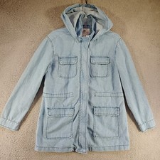 Sunset Lane Jacket Small Womens Denim Hooded Full Zip + Button Pockets