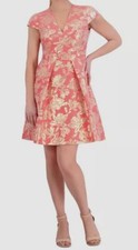 Vince Camuto Women's Pink Jacquard Cap-Sleeve Fit-Flare Dress Size 8