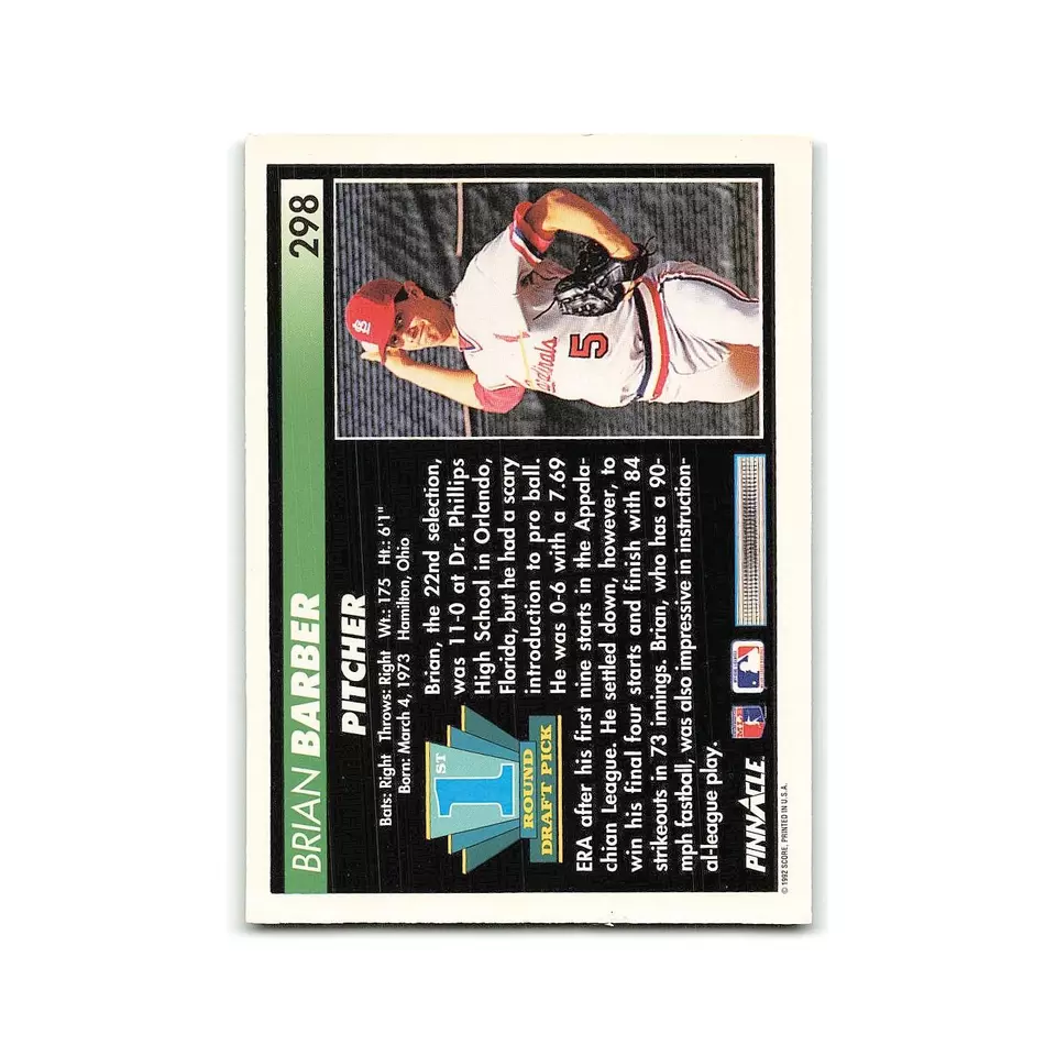 Brian Barber Rookie 1992 Pinnacle #298 St. Louis Cardinals Baseball Card NM - Image 2 of 3