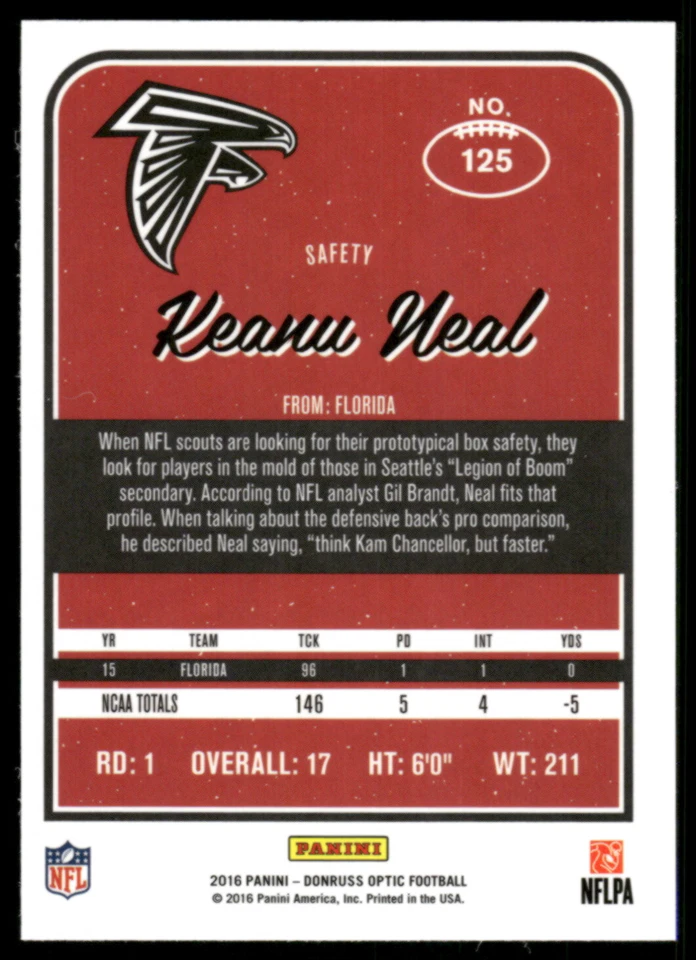 2016 Panini Donruss Optic #125 Keanu Neal Rookie Card RC Purple Holo - Image 2 of 2