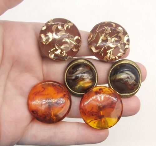 3 Pr Gold Confetti Resin, Brown Iridescent, Tortoise Button Lucite Clip Earrings - Picture 1 of 4