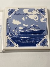 Vintage  Holland America Cruise Line Delft Ceramic Tile Coaster Set Of 2