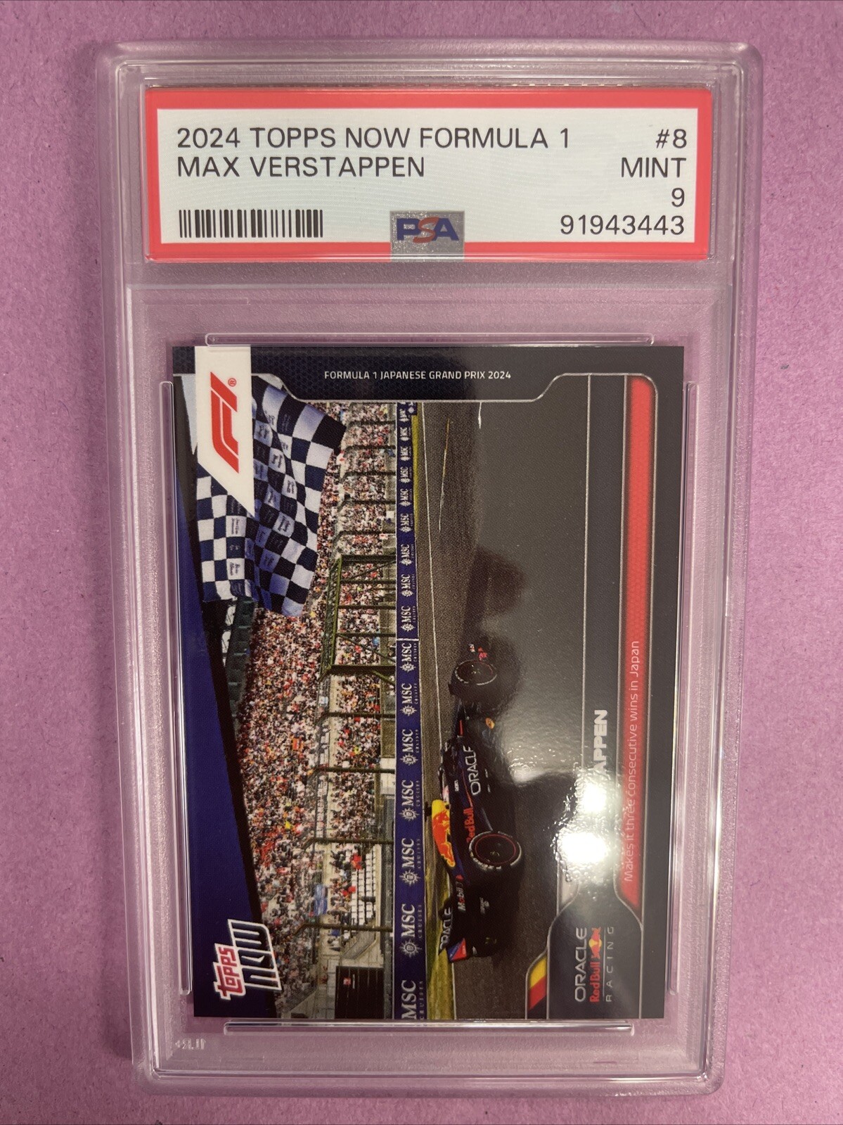 2024 Topps Now F1 Max Verstappen #8 THREE CONSECUTIVE WINS IN JAPAN PSA 9 (R19)