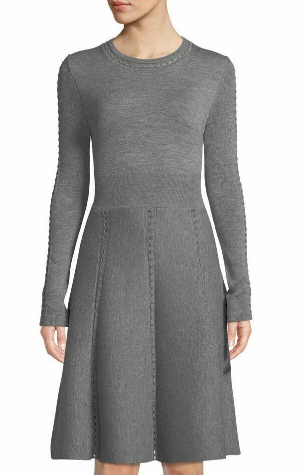 $1395 NEW Lela Rose Crewneck Fit & Flare Loop Stitch Knit Dress Grey WOOL M  XL