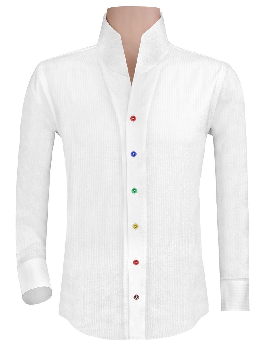 Vintage High Open V Collar White Seersucker Colorful Buttons Men's