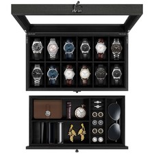 12 Slots Watch Box Solid Wood Jewelry Storage Display Case with Clear Top Gift