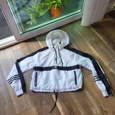 Adidas Womens Half Zip Windbreaker Jacket White Black Cropped Hooded Pullover