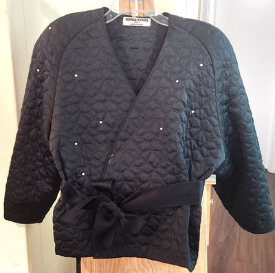 VINTAGE SONIA RYKIEL BLACK QUILTED SILK? CROSS OVER JACKET, W RS STUDS, TIE