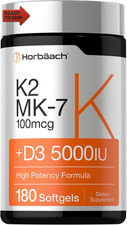 Horb ach Vitamin D3 K2 5000 Iu  100Mcg MK-7 Complex  180 Softgel Capsules  N