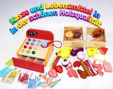 HOLZ Kinder Kasse Lebensmittel Kaufladen Zubehör Set Spiel Laden Kaufmannsladen